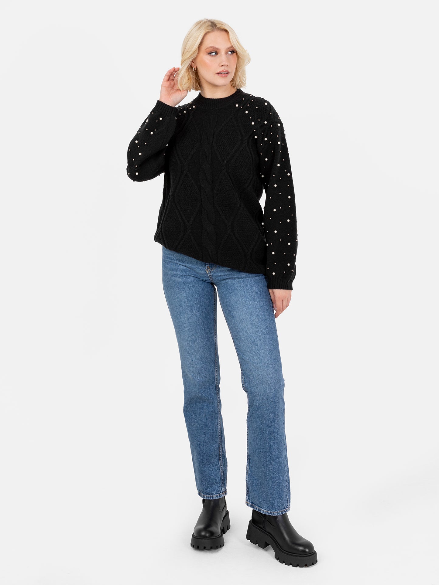 Lovedrobe Black Cable Knit Maxiline Jumper with Pearl Embellishment