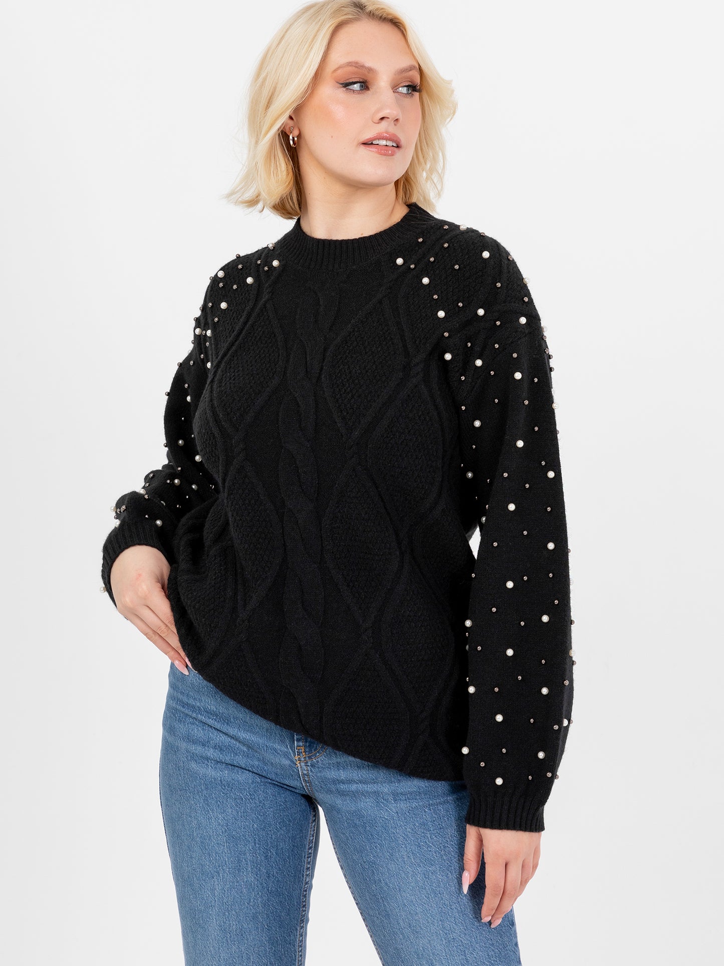 Lovedrobe Black Cable Knit Maxiline Jumper with Pearl Embellishment