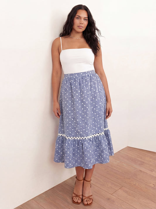 Lovedrobe Blue Gingham & Polka Dot Midi Skirt