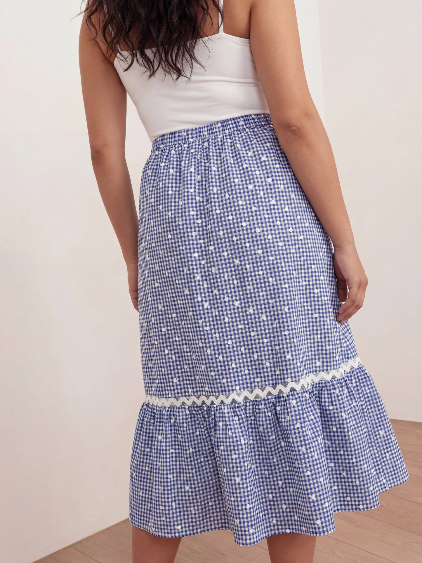 Lovedrobe Blue Gingham & Polka Dot Midi Skirt
