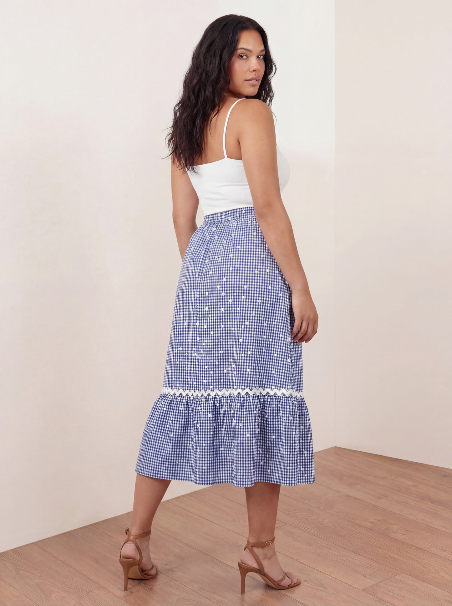 Lovedrobe Blue Gingham & Polka Dot Midi Skirt