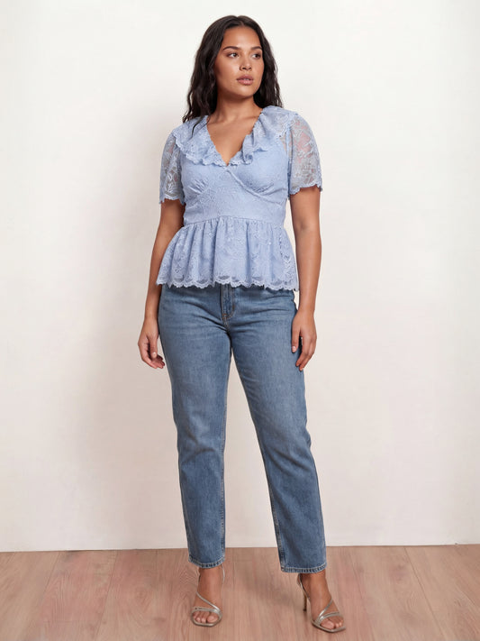 Lovedrobe Blue Lace Peplum Top with Frill Collar