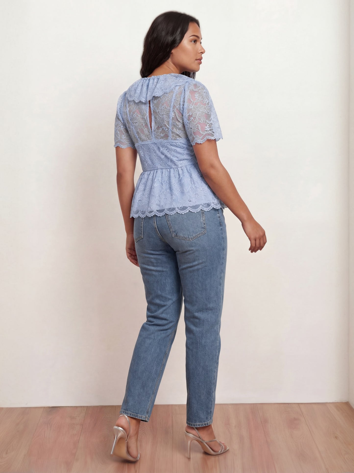 Lovedrobe Blue Lace Peplum Top with Frill Collar