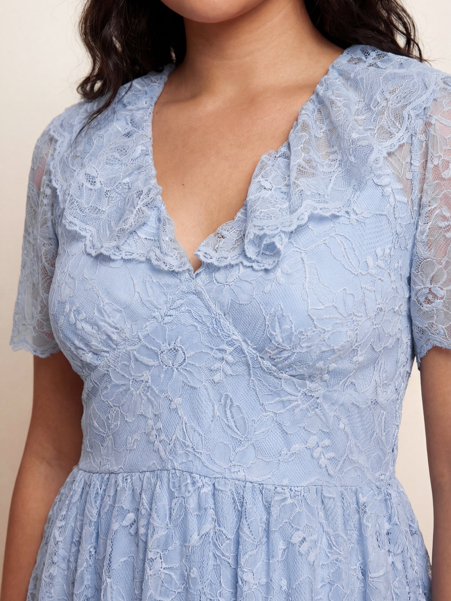 Lovedrobe Blue Lace Peplum Top with Frill Collar