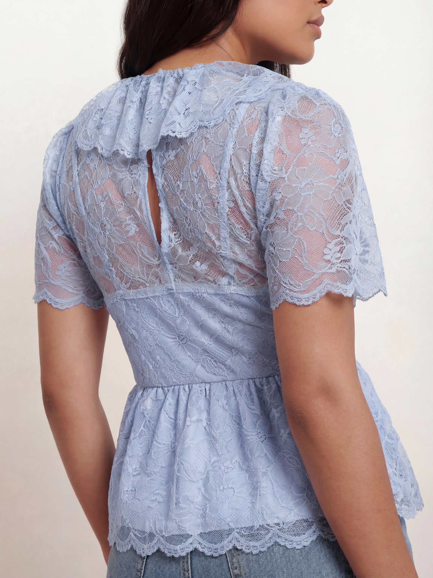 Lovedrobe Blue Lace Peplum Top with Frill Collar