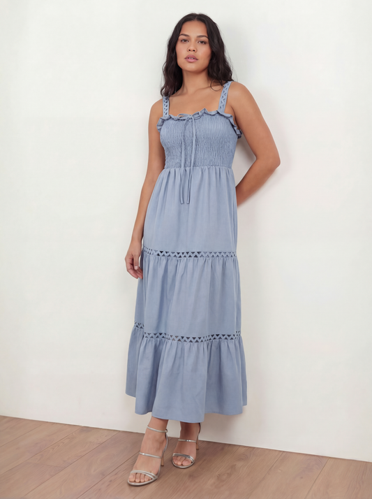 Lovedrobe Dusty Blue Ric Rac Detail Tiered Midaxi Dress