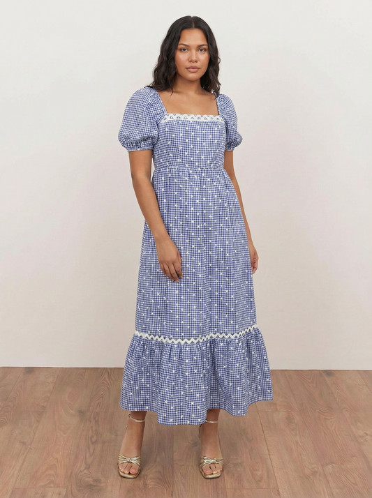 Lovedrobe Blue Gingham & Polka Dot Short Sleeve Midaxi Dress