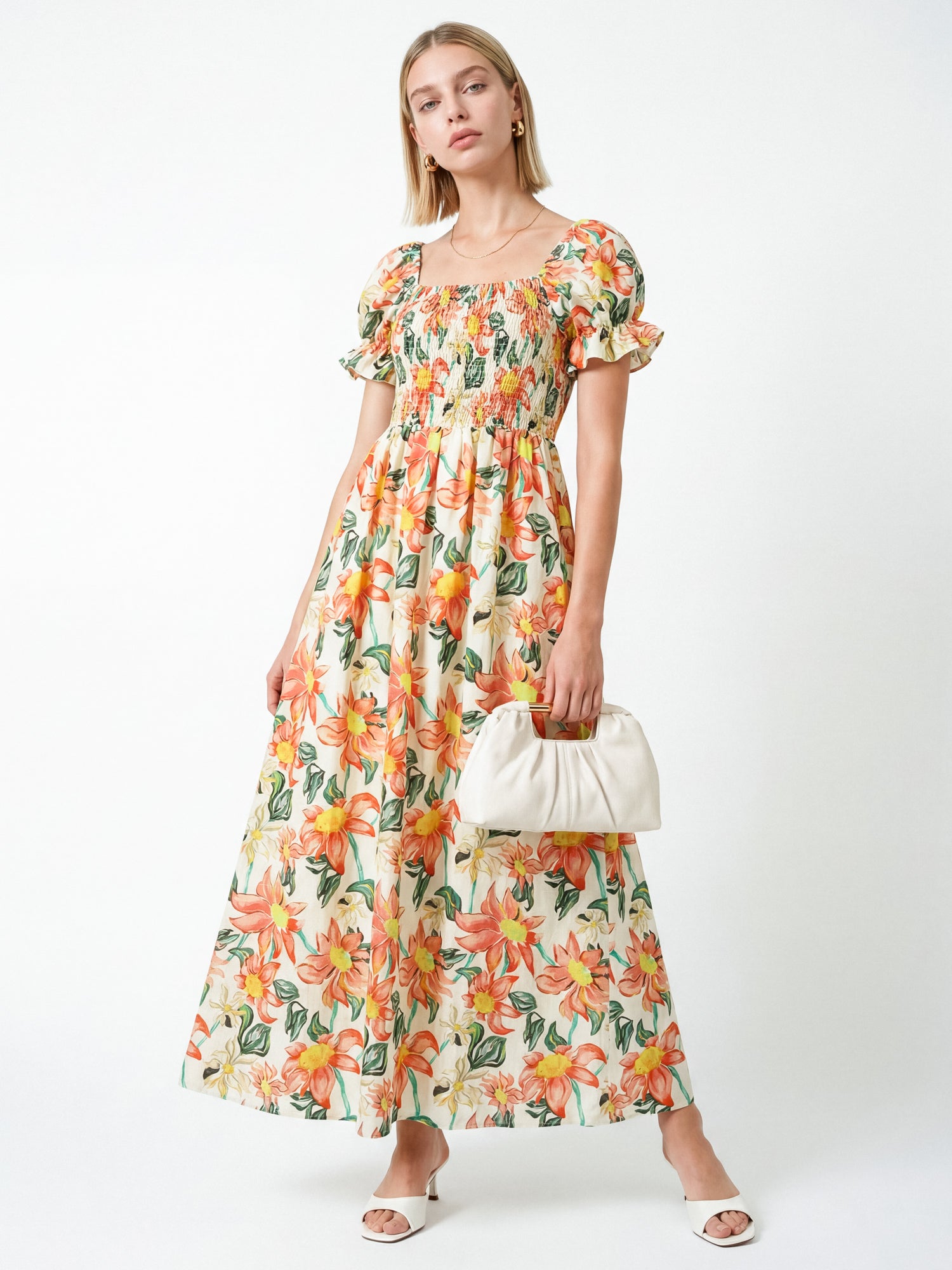 Lovedrobe Floral Print Short Sleeve Shirred Midaxi Dress