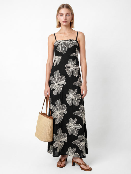 Lovedrobe Floral Embroidery Black Trapeze Midaxi Dress