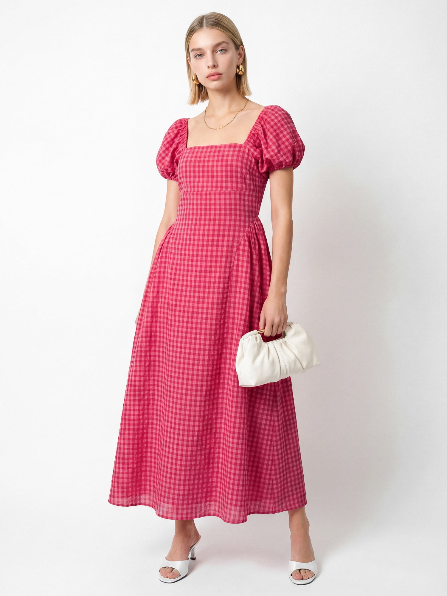 Lovedrobe Hot Pink Gingham Square Neck Short Sleeve Midaxi Dress