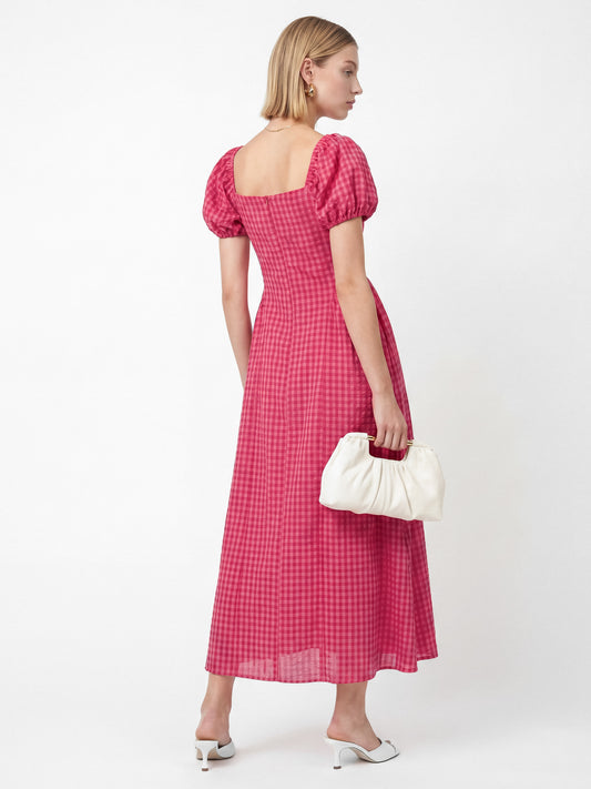 Lovedrobe Hot Pink Gingham Square Neck Short Sleeve Midaxi Dress