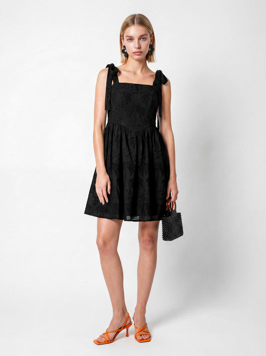 Lovedrobe Black Palm Broderie Tie-Shoulder Mini Dress