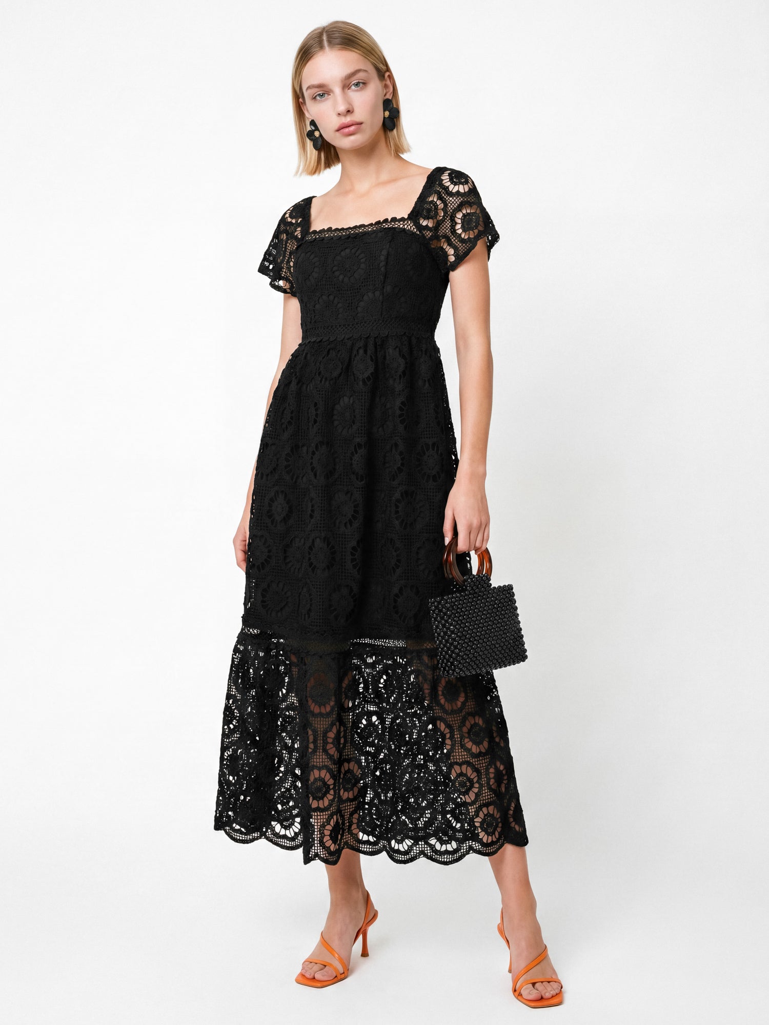 Lovedrobe Floral Lace Square Neck Short Sleeve Midaxi Dress