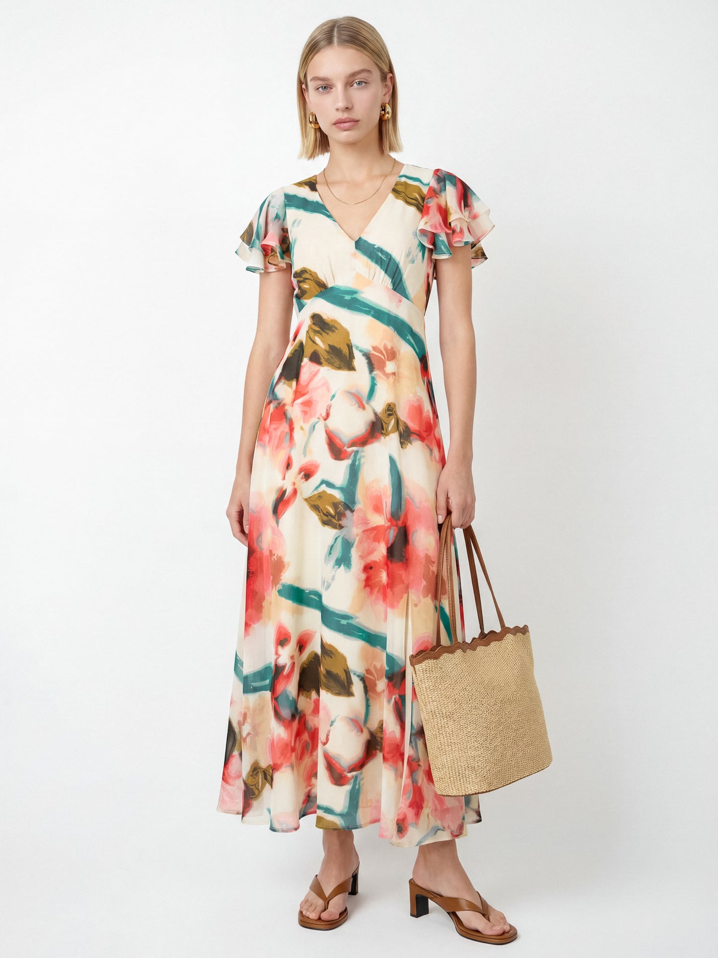 Lovedrobe Abstract Floral Print V Neck Flutter Sleeve Midaxi Dress