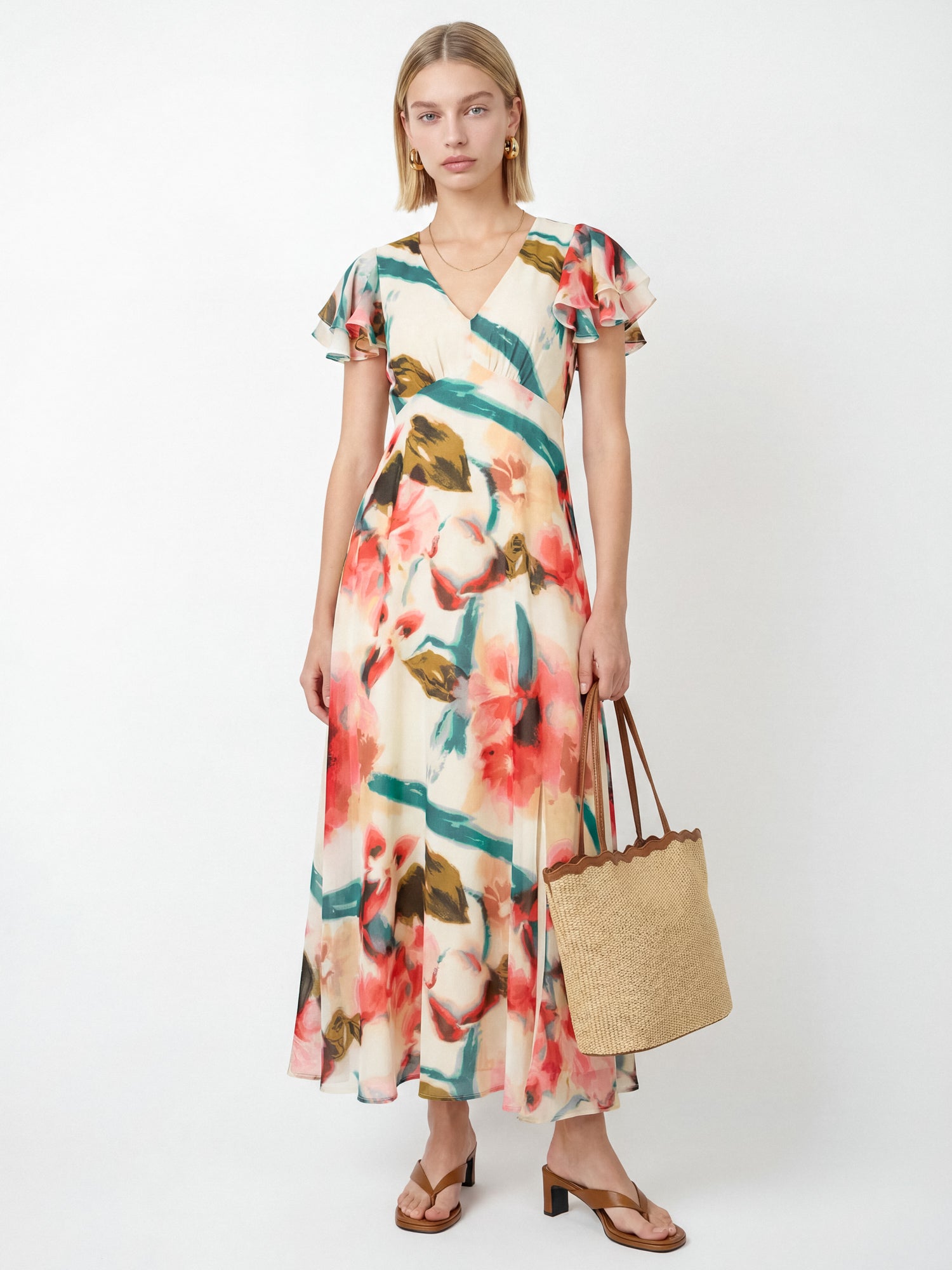 Lovedrobe Abstract Floral Print V Neck Flutter Sleeve Midaxi Dress