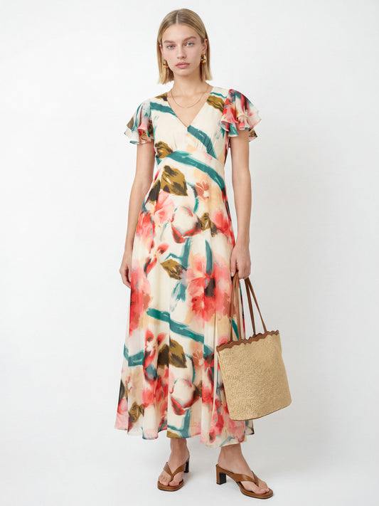 Lovedrobe Abstract Floral Print V Neck Flutter Sleeve Midaxi Dress