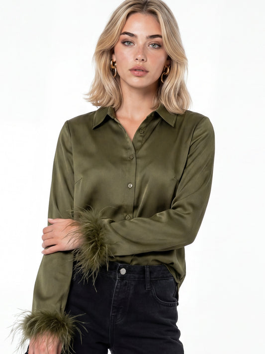 Lovedrobe Olive Satin Shirt With Feather Cuffs