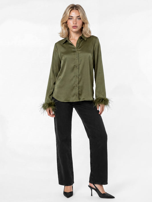 Lovedrobe Olive Satin Shirt With Feather Cuffs