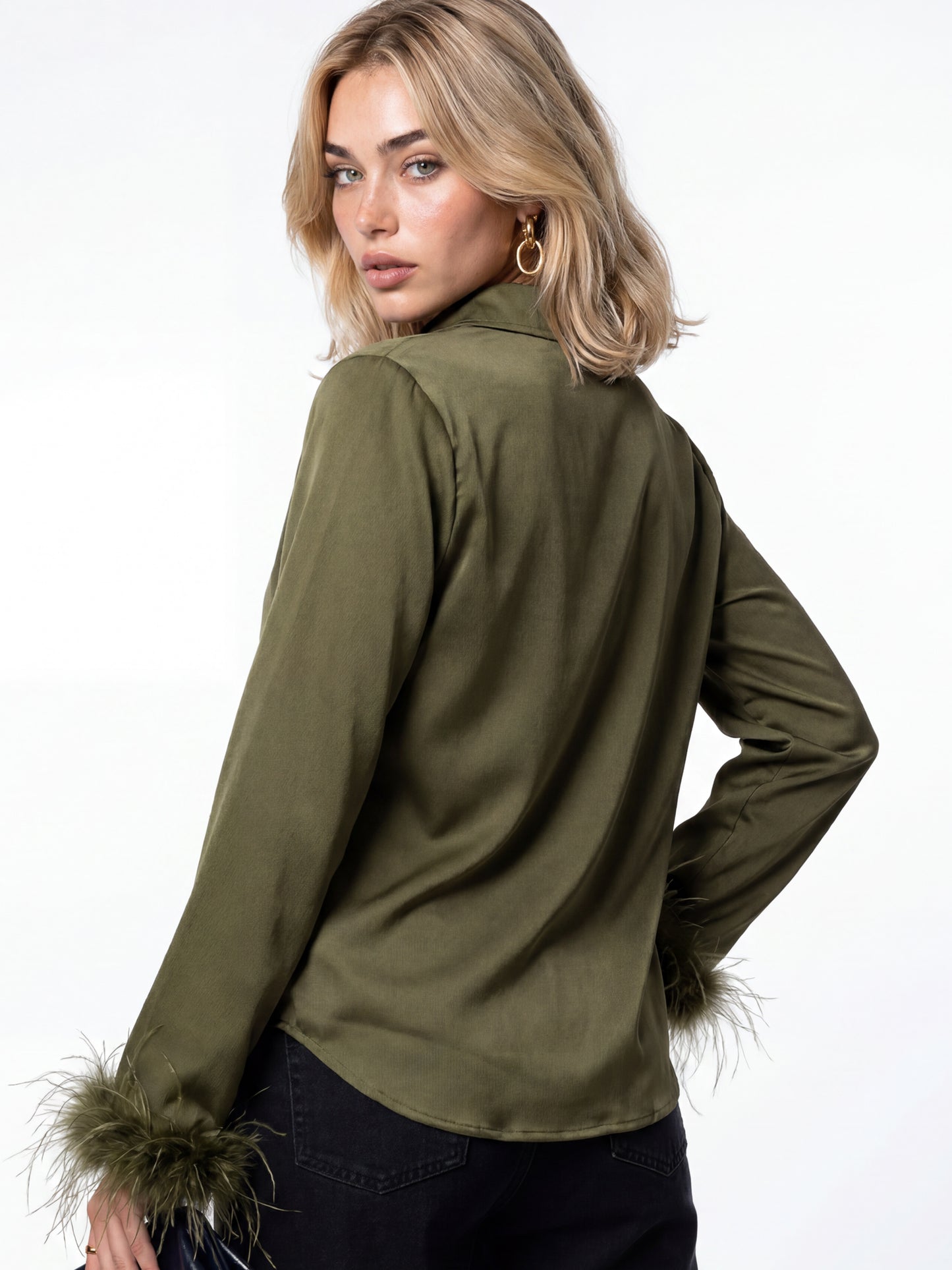 Lovedrobe Olive Satin Shirt With Feather Cuffs