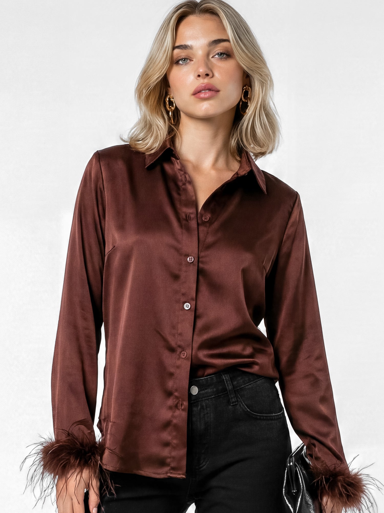 Lovedrobe Chocolate Satin Shirt Feather Cuffs