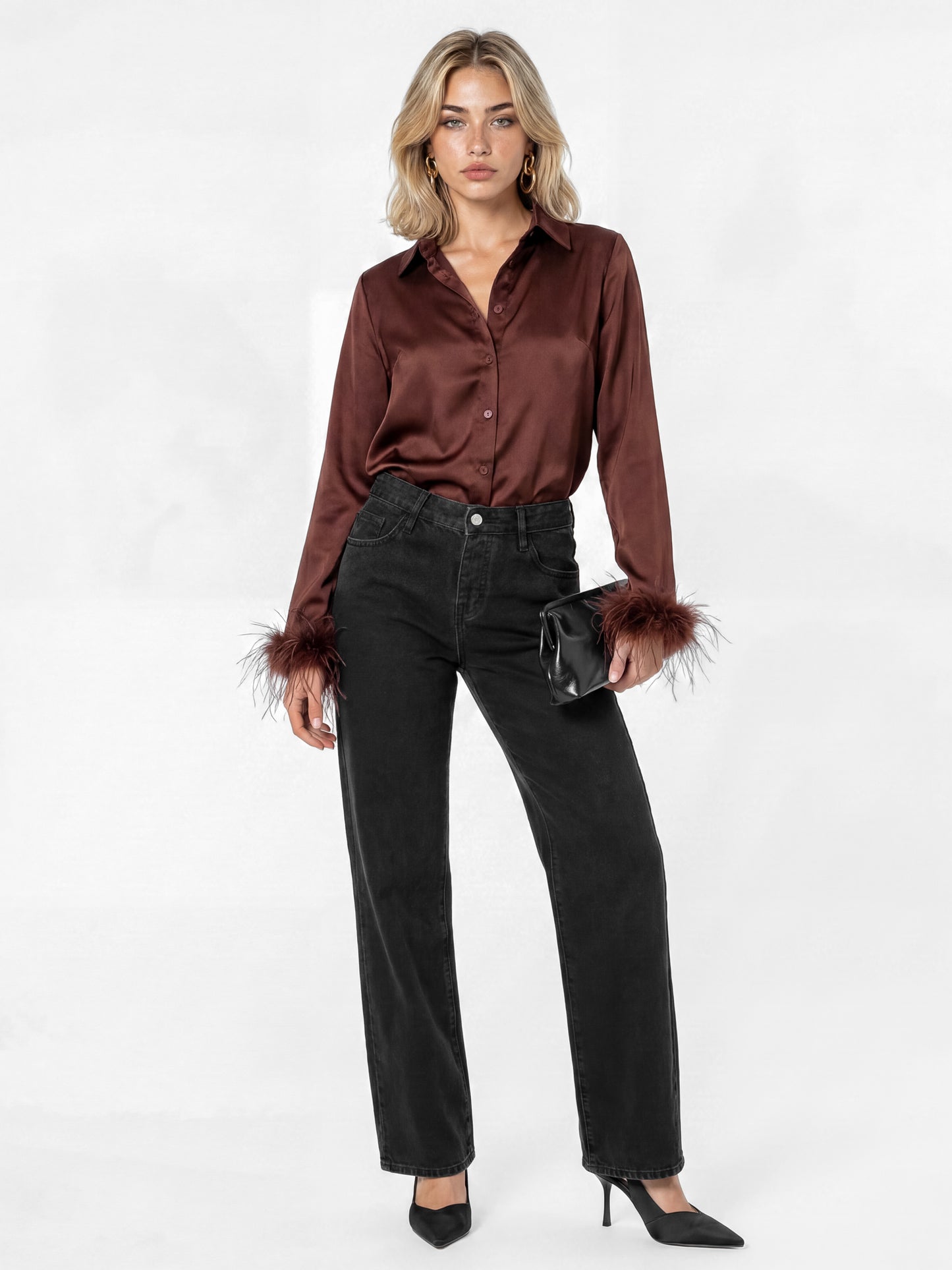 Lovedrobe Chocolate Satin Shirt with Feather Cuffs