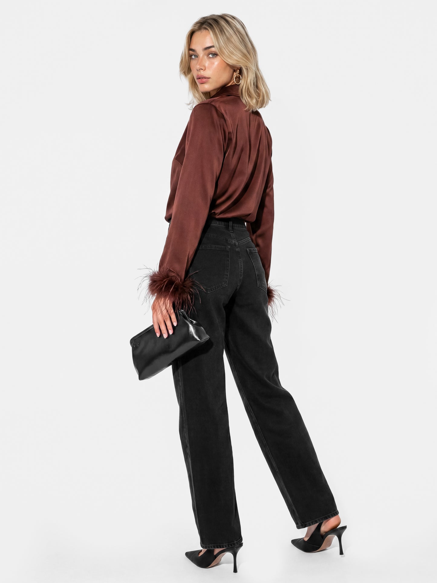 Lovedrobe Chocolate Satin Shirt with Feather Cuffs