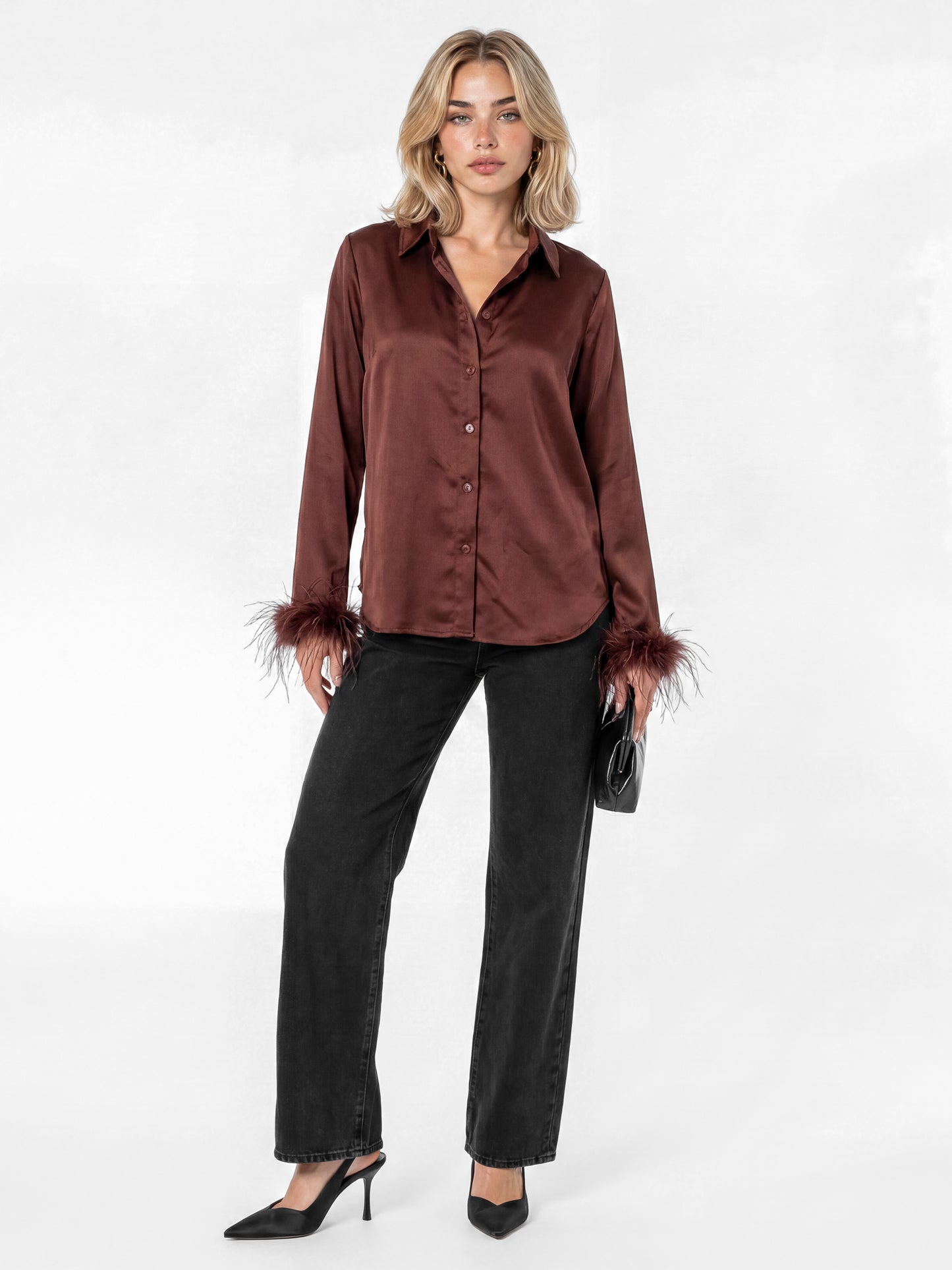 Lovedrobe Chocolate Satin Shirt with Feather Cuffs