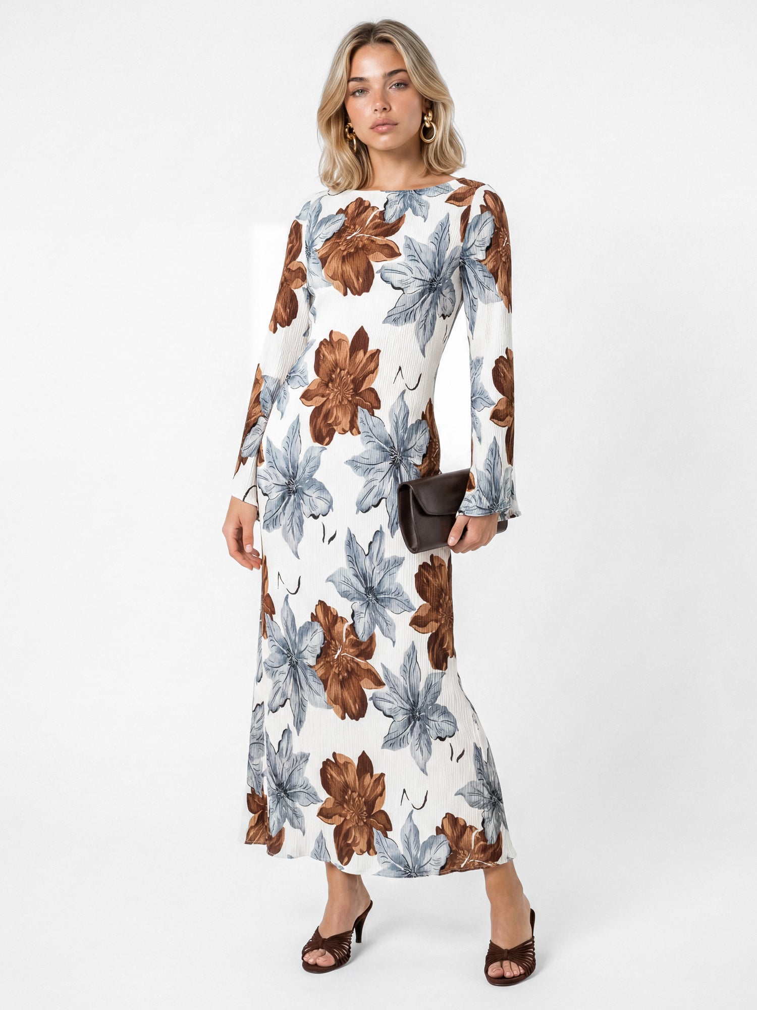 Lovedrobe Floral Print Trumpet Sleeve Plisse Midaxi Dress
