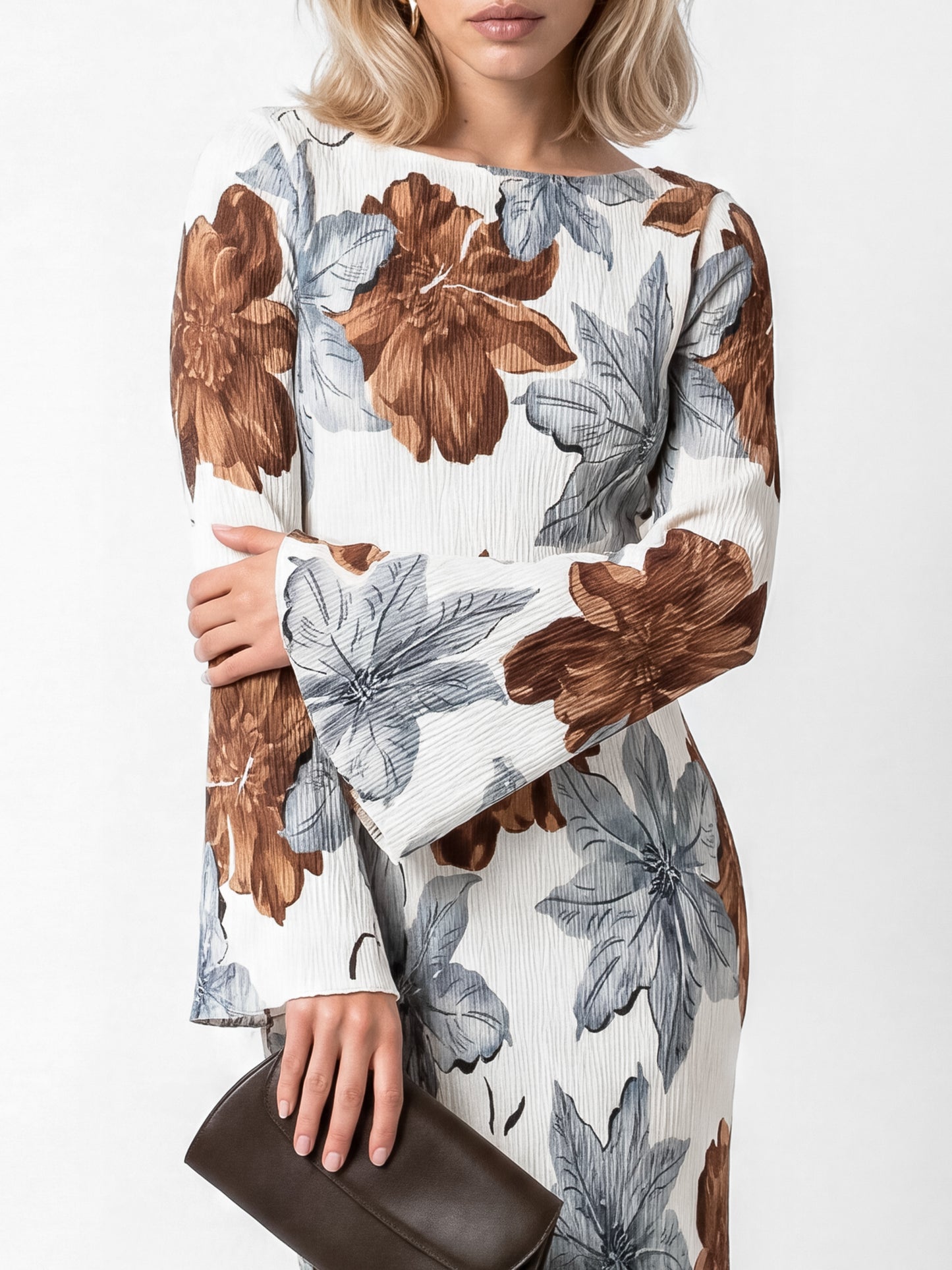 Lovedrobe Floral Print Trumpet Sleeve Plisse Midaxi Dress