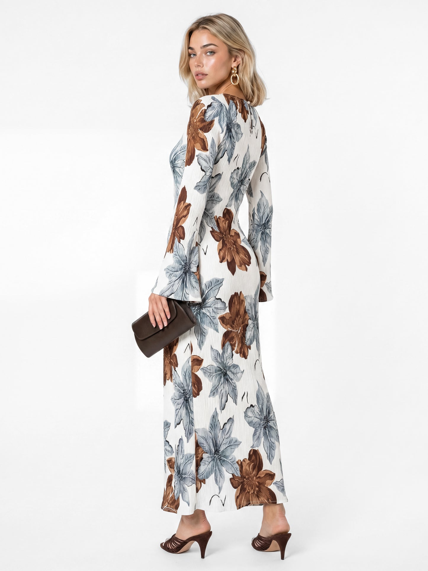Lovedrobe Floral Print Trumpet Sleeve Plisse Midaxi Dress