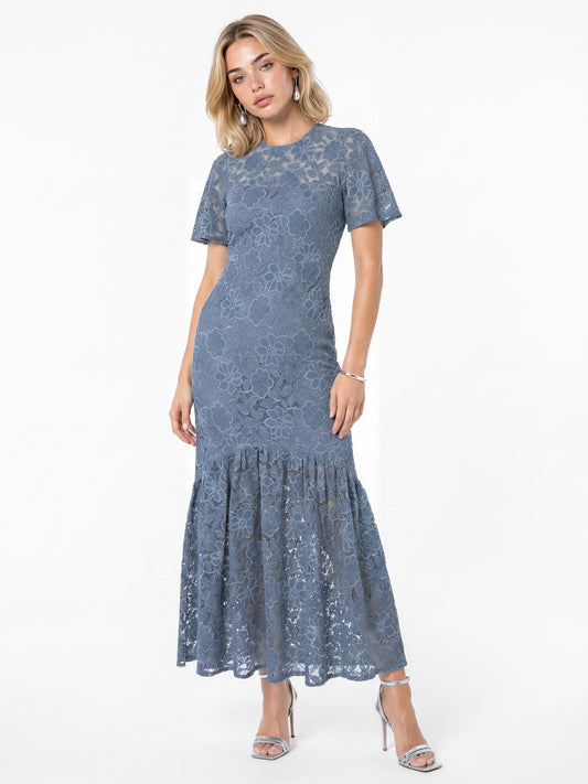 Lovedrobe Blue Floral Lace Angel Sleeve Midaxi Dress