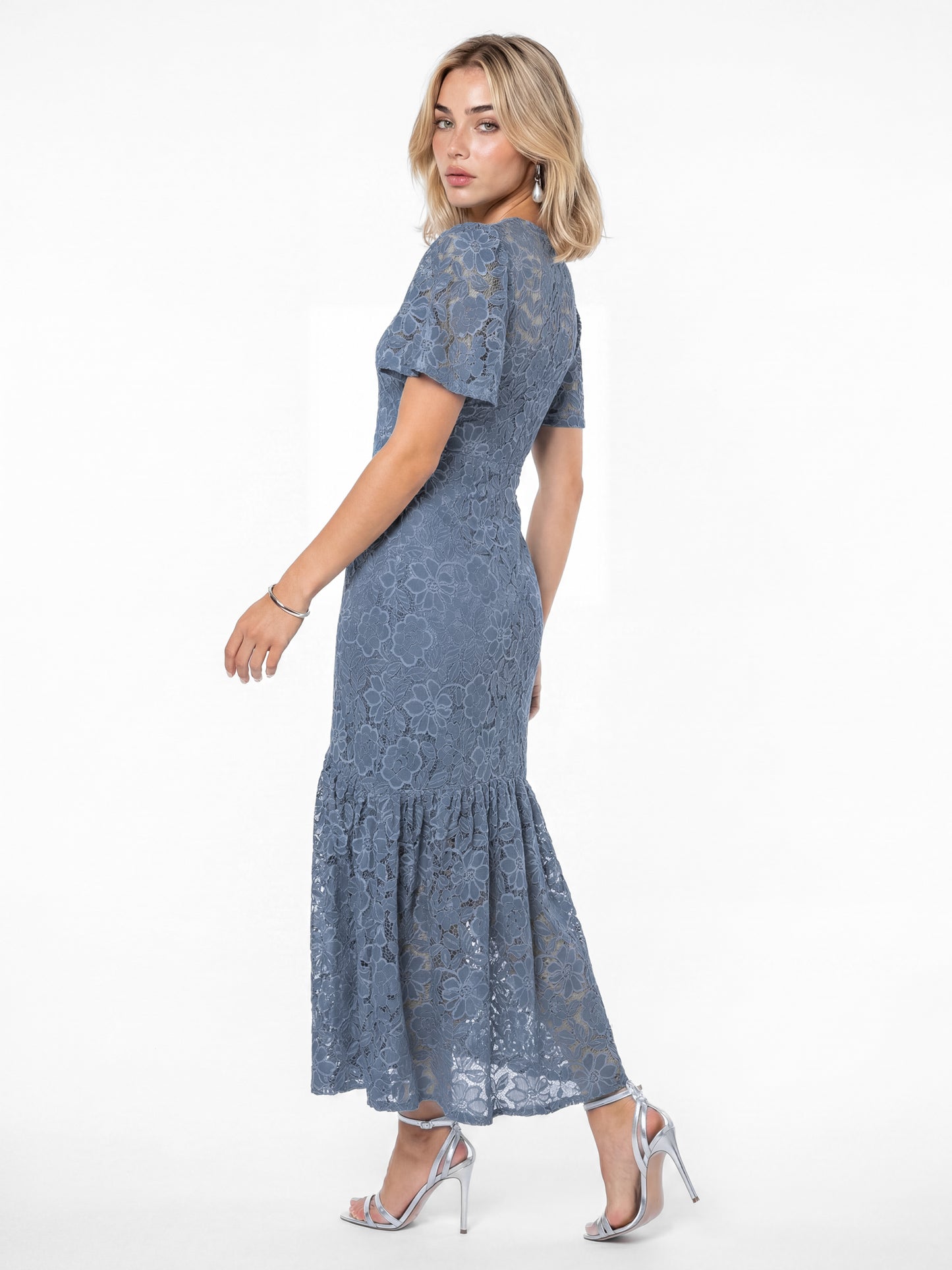 Lovedrobe Blue Floral Lace Angel Sleeve Midaxi Dress