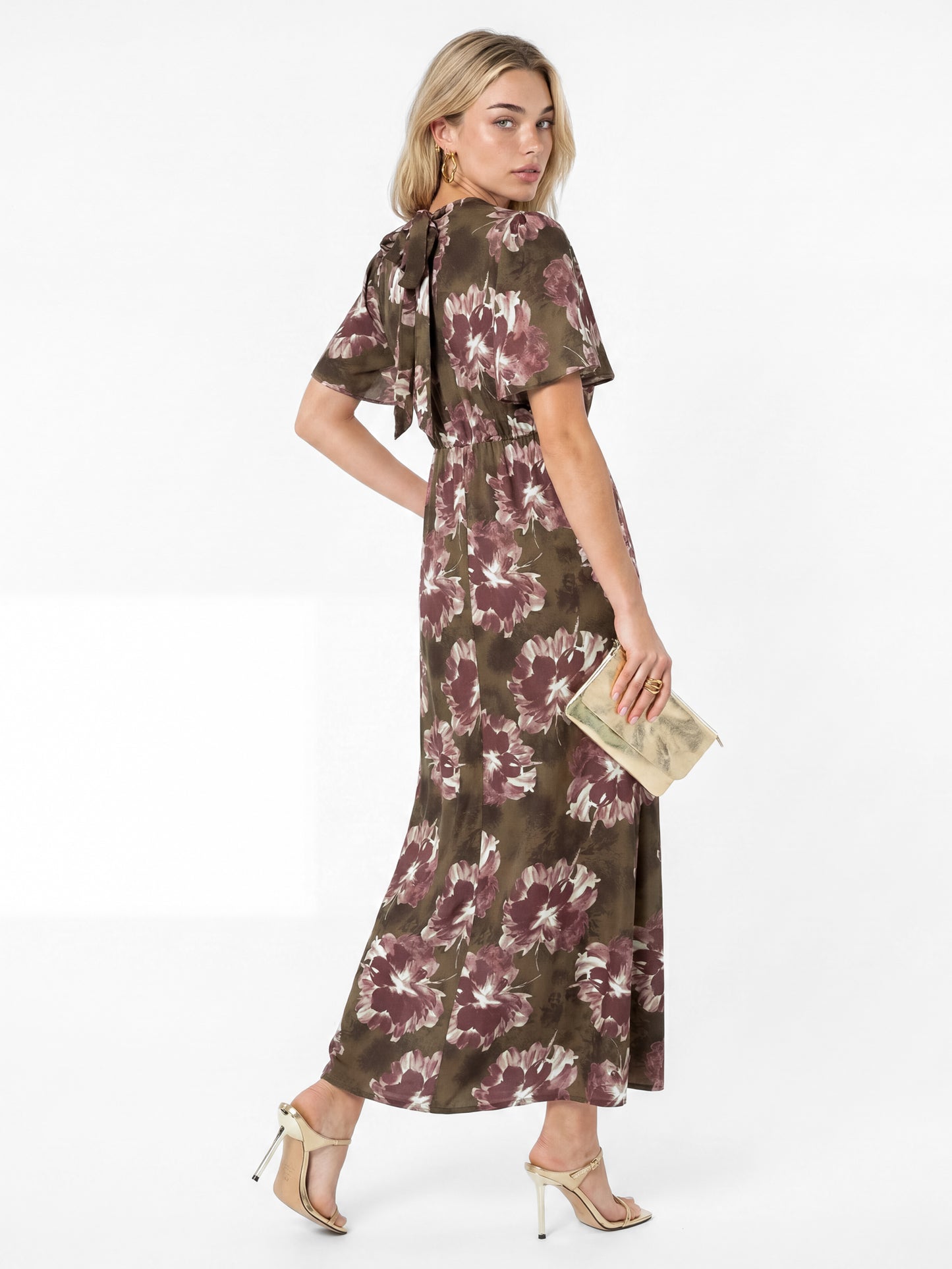 Lovedrobe Brown Floral Tie-Back Angel Sleeve  Midaxi Dress