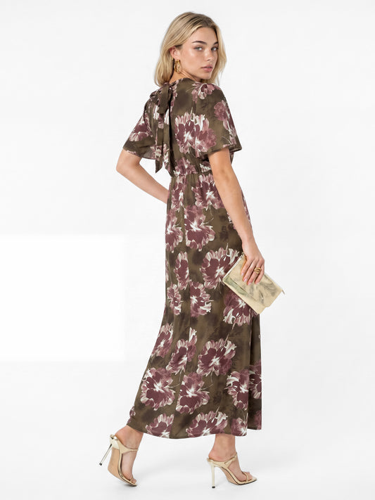 Lovedrobe Brown Floral Tie-Back Angel Sleeve  Midaxi Dress