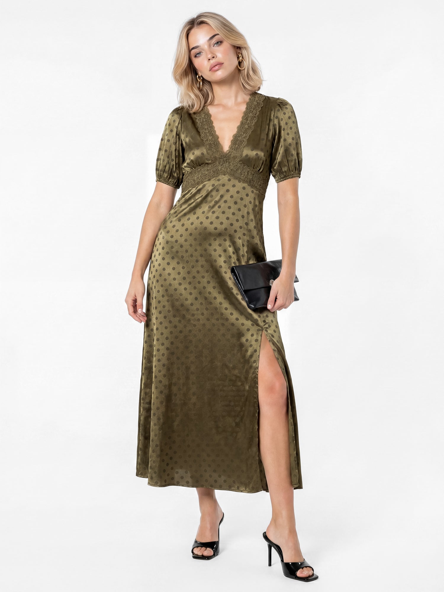 Lovedrobe Polka Dot V Neck Midaxi Dress Lace Trim