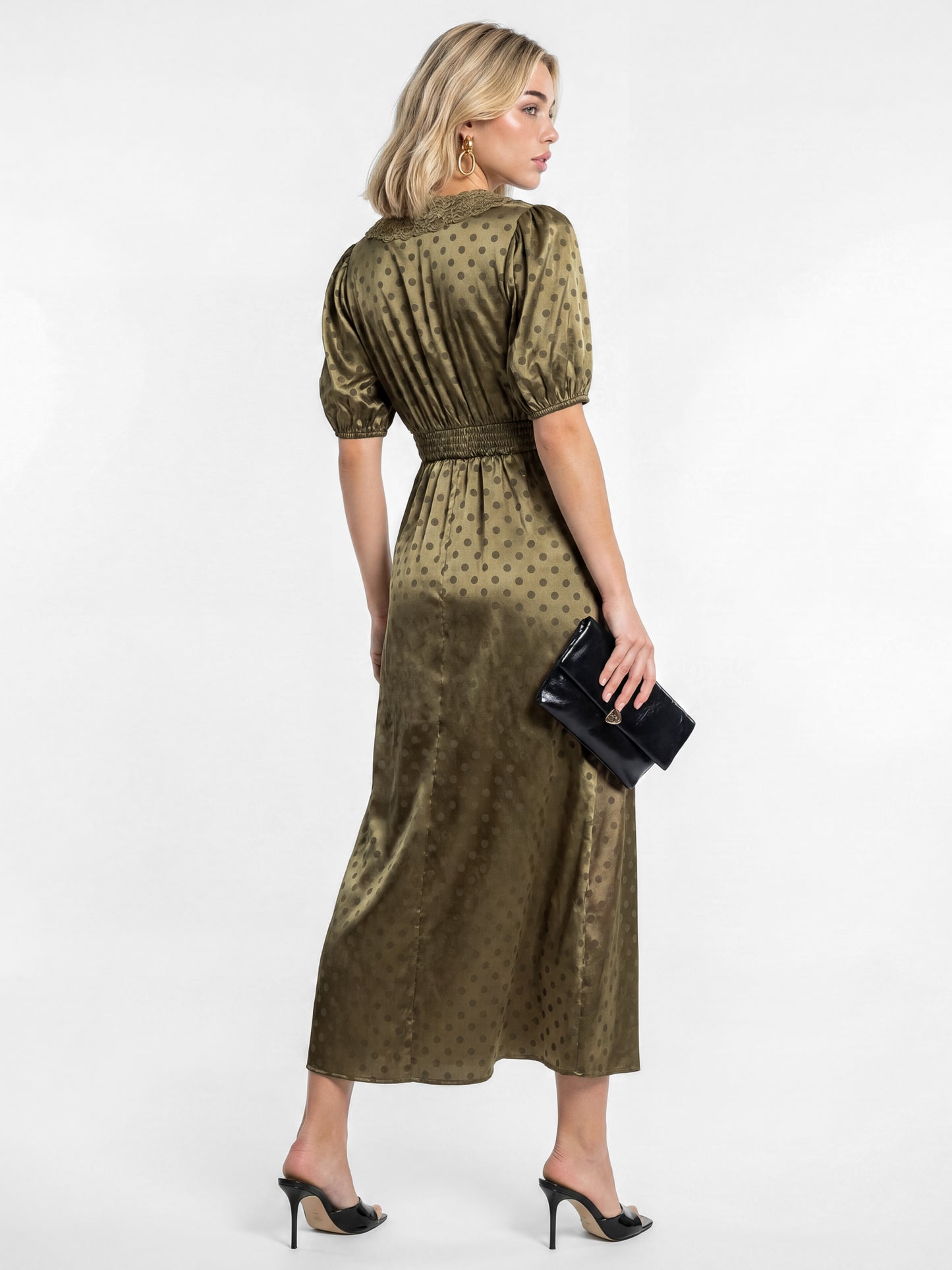 Lovedrobe Olive Polka Dot V Neck Midaxi Dress with Lace Trim