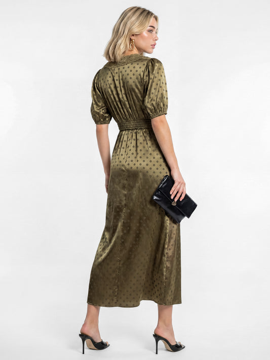Lovedrobe Olive Polka Dot V Neck Midaxi Dress with Lace Trim