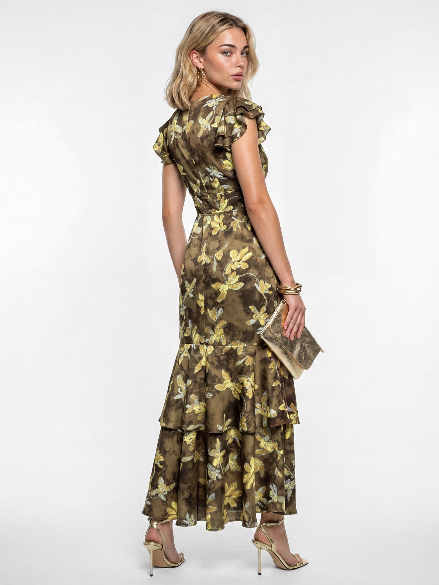 Lovedrobe Olive Floral Flutter Sleeve Tiered Midaxi Dress