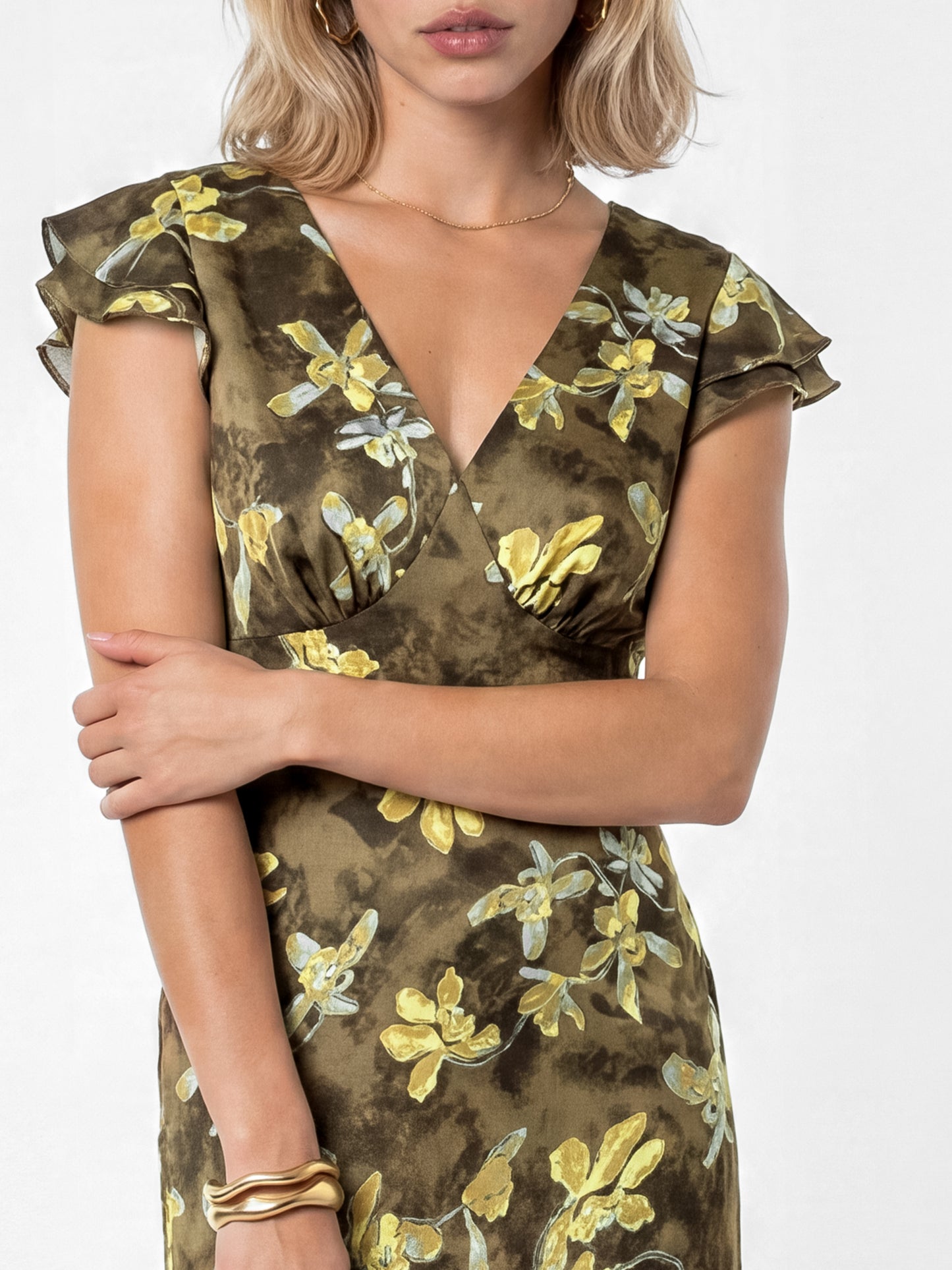Lovedrobe Olive Floral Flutter Sleeve Tiered Midaxi Dress