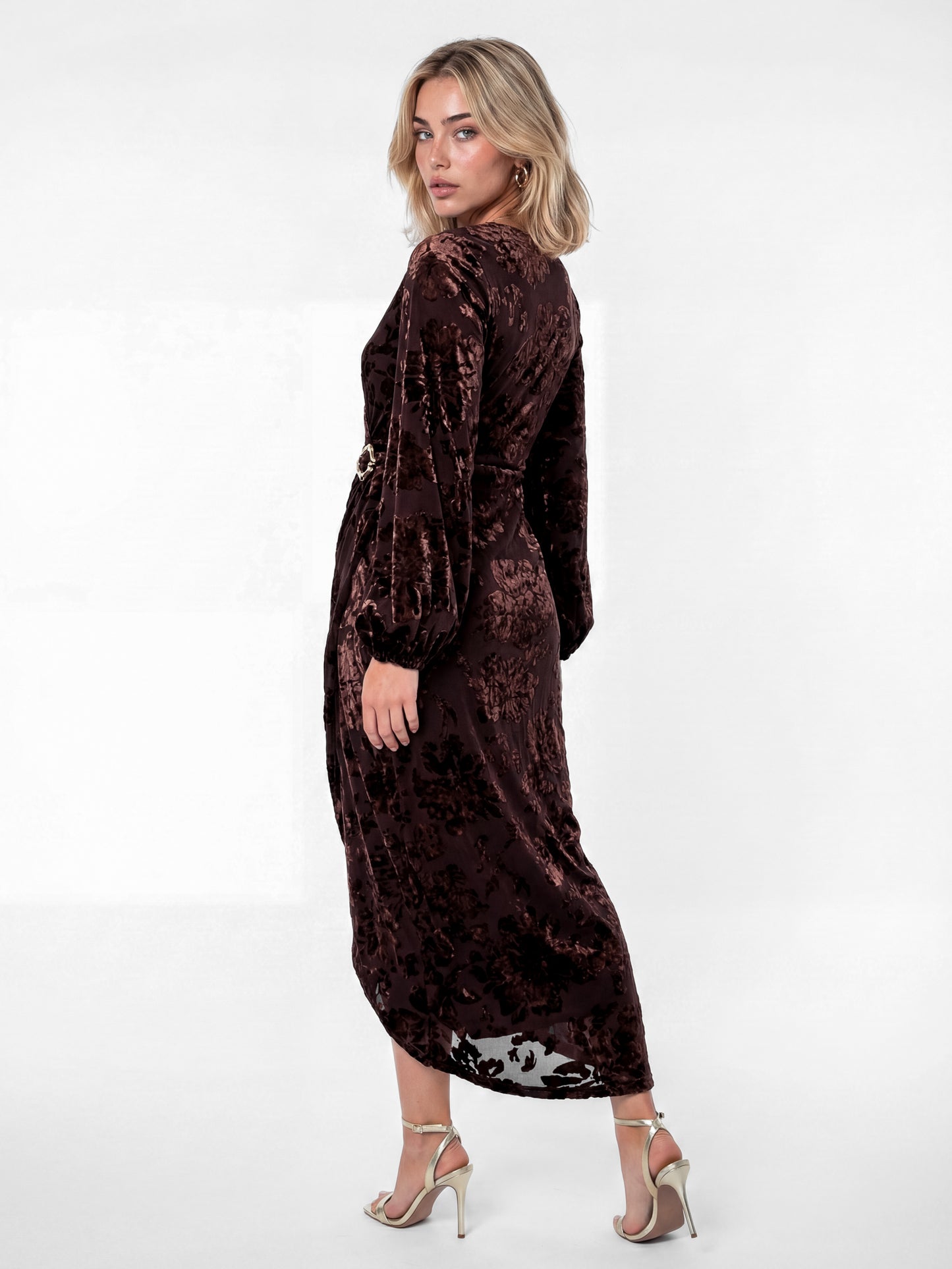 Lovedrobe Brown Floral Velvet Devore Faux Wrap Midaxi Dress