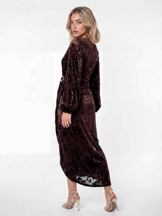 Lovedrobe Brown Floral Velvet Devore Faux Wrap Midaxi Dress