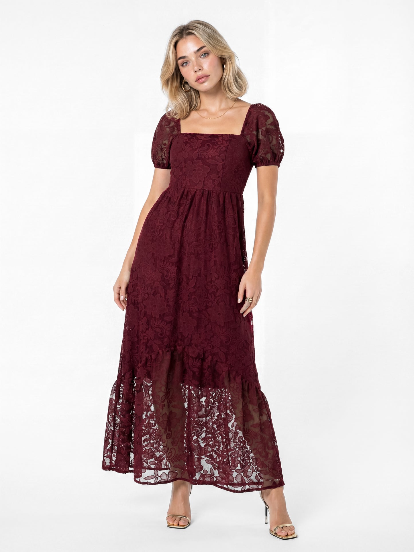 Lovedrobe Berry Floral Mesh Lace Square Neck Midaxi Dress