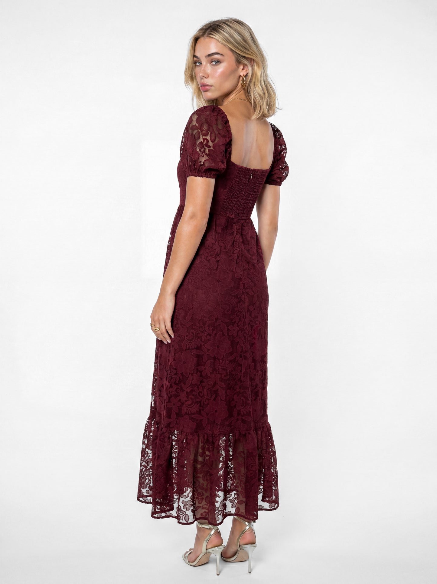 Lovedrobe Berry Floral Mesh Lace Square Neck Midaxi Dress