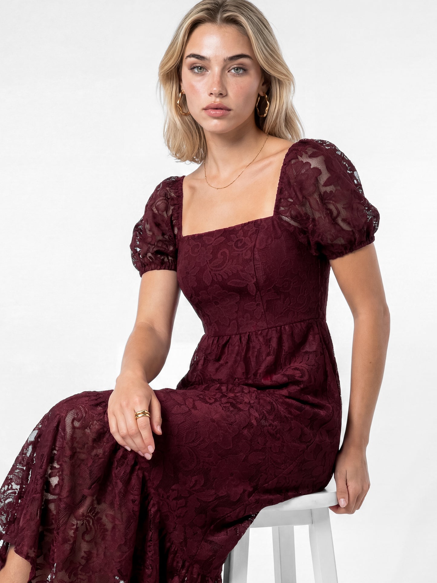 Lovedrobe Berry Floral Mesh Lace Square Neck Midaxi Dress