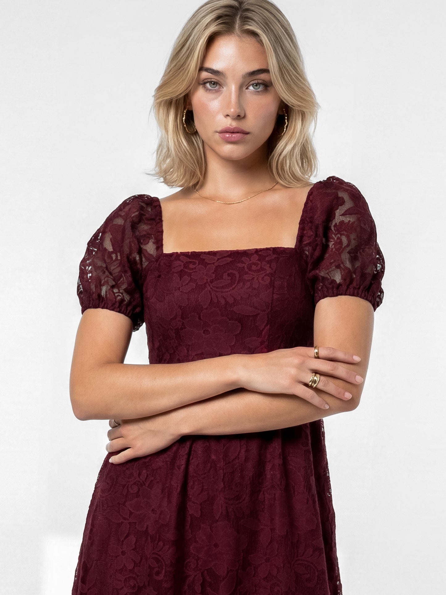 Lovedrobe Berry Floral Mesh Lace Square Neck Midaxi Dress
