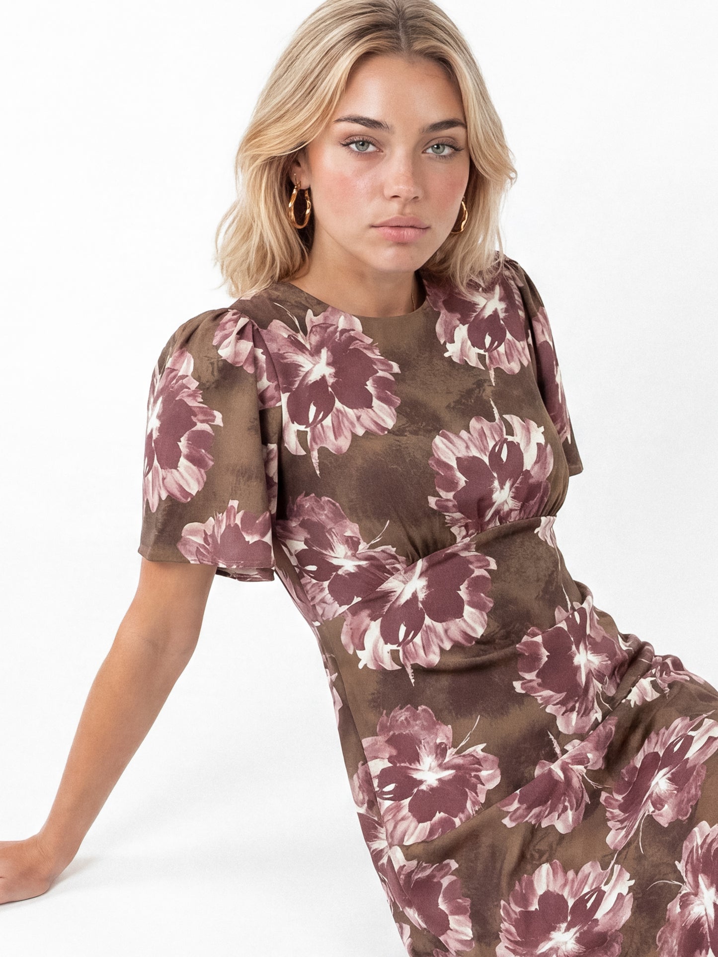 Lovedrobe Brown Floral Tie-Back Angel Sleeve  Midaxi Dress