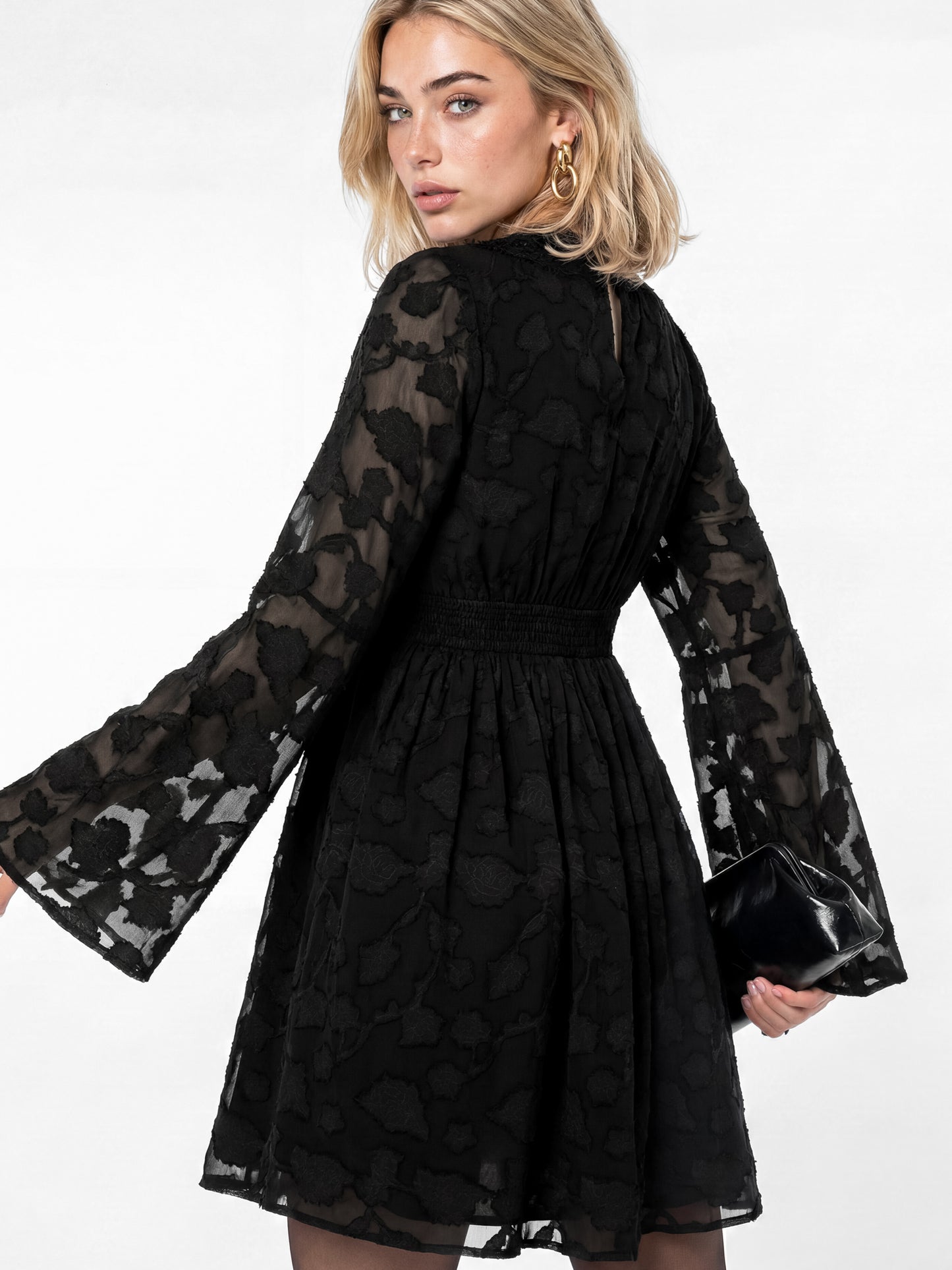 Lovedrobe Black Floral Burnout Lace Detail Long Sleeve Mini Dress