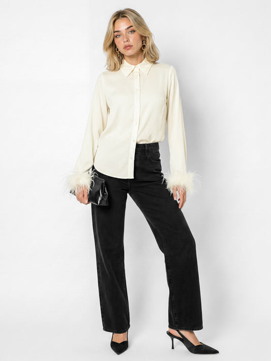 Lovedrobe Ivory Satin Shirt With Feather Cuffs