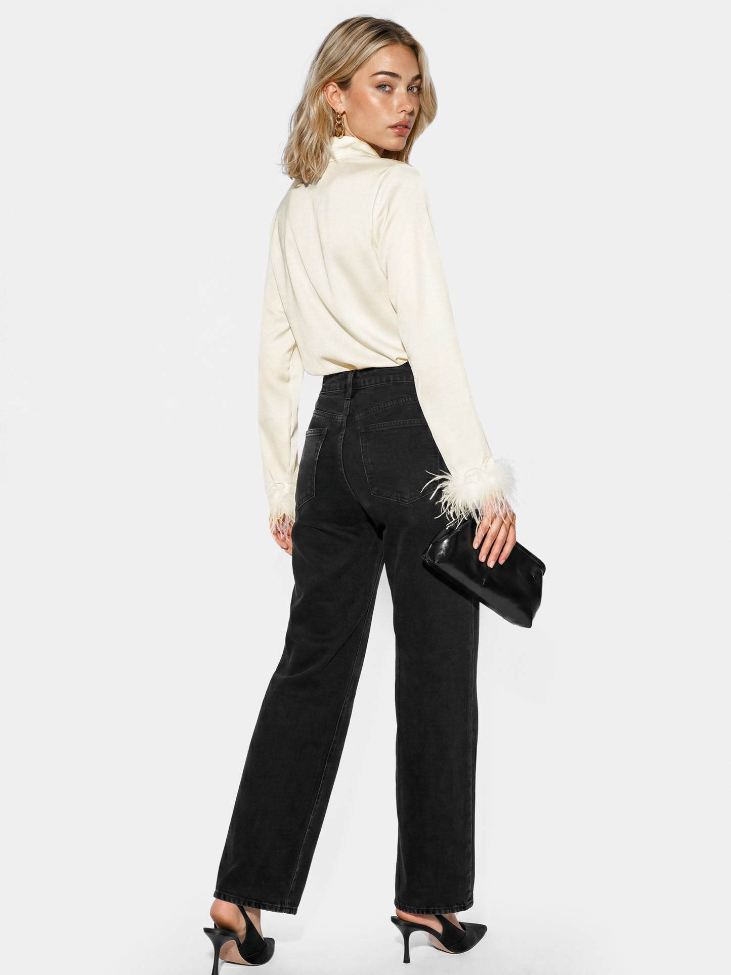 Lovedrobe Ivory Satin Shirt With Feather Cuffs