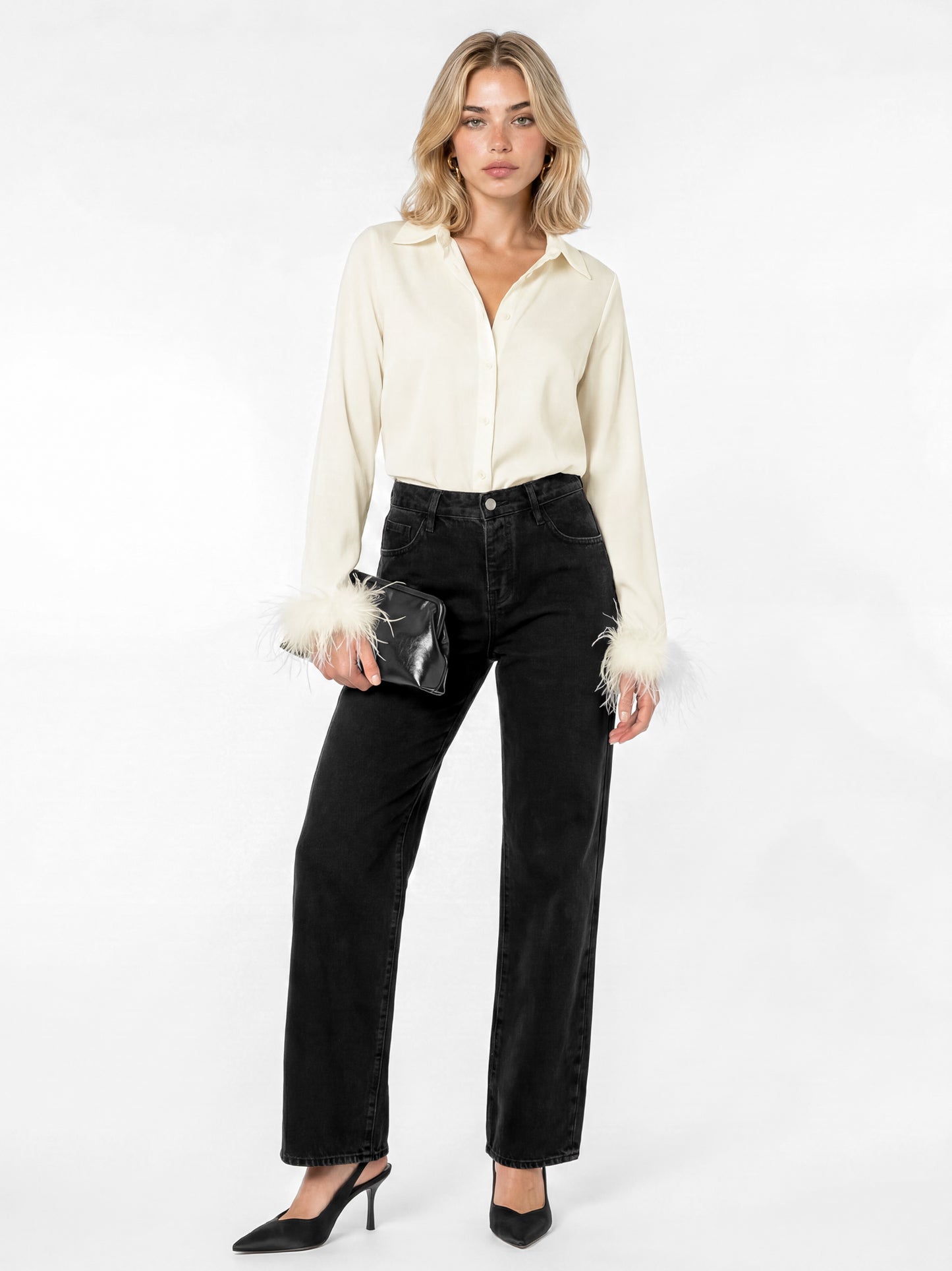 Lovedrobe Ivory Satin Shirt With Feather Cuffs